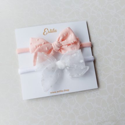 Set Cintillos Mini Emma Melocotón Embroidery & Tul Blanco con puntitos